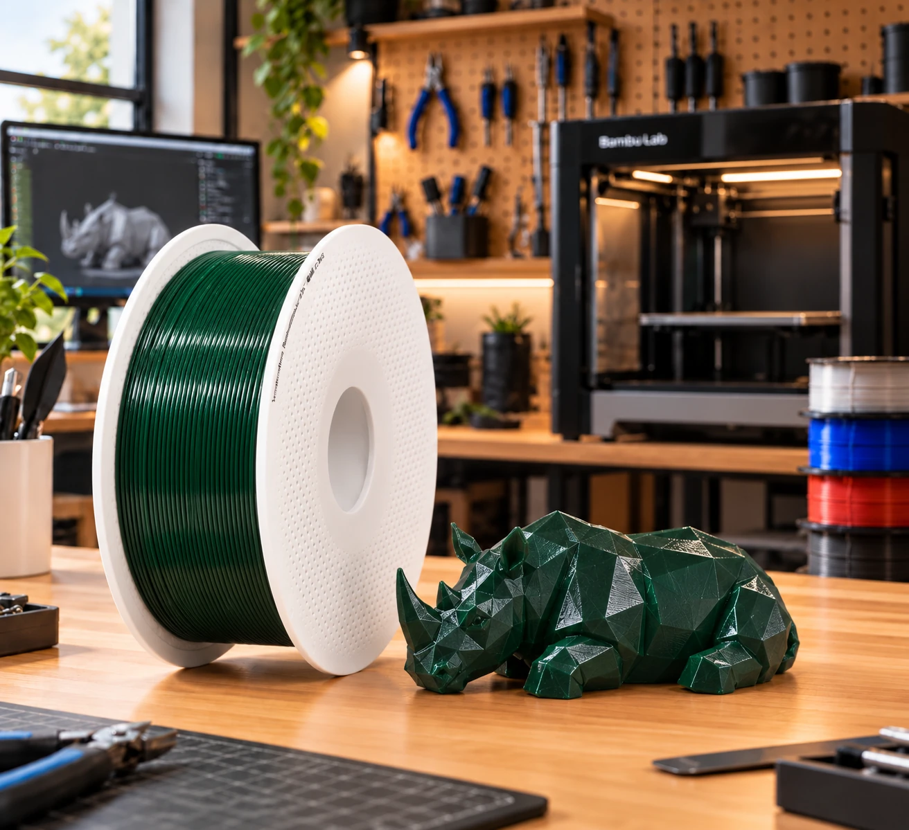 Donkergroene PETG-filamentrol met een geprinte neushoorn in een werkplaats